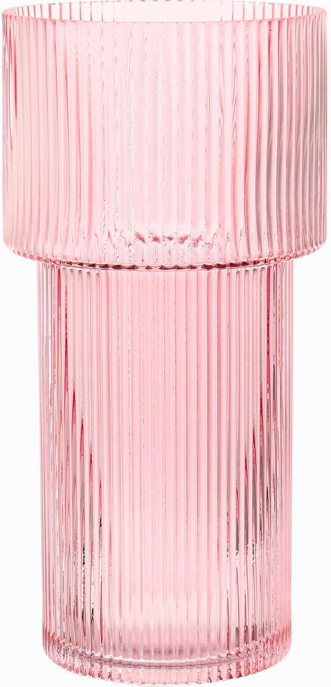 Large Pink Glass Vase, 12 Inches Tall Fluted Vase for Flowers, Modern Torch-Shaped Flower Vase with Ribbed Texture for Living Room, Dining Table, Office, Entryway, Mantle, Shelf, Wedding Gifts