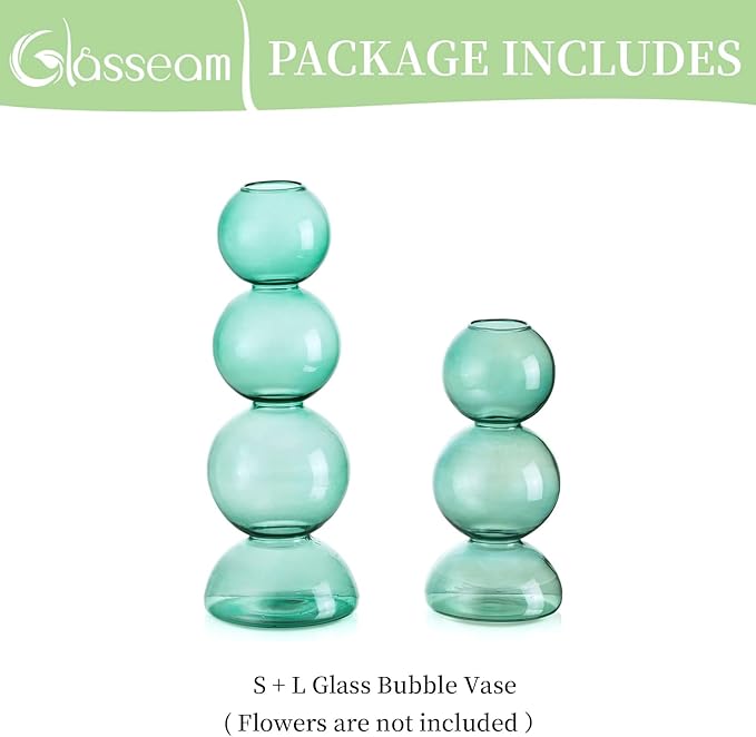 Glasseam Round Bubble Vase for Flowers, Small Green Vase Set of 2, Blown Glass Vases for Decor, Cute Unique Bud Vase, Aesthetic Single Flower Vase, Hydroponic Plant Vase for Dining Table Decorations