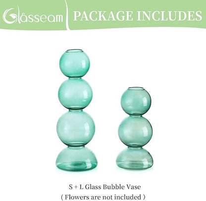 Glasseam Round Bubble Vase for Flowers, Small Green Vase Set of 2, Blown Glass Vases for Decor, Cute Unique Bud Vase, Aesthetic Single Flower Vase, Hydroponic Plant Vase for Dining Table Decorations