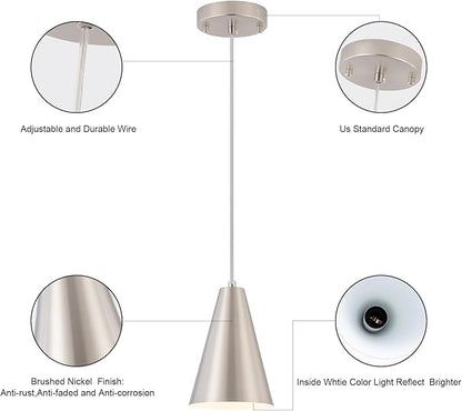 Brushed Nickel Pendant Lights Kitchen Island,Dining Room Light Fixtures Over Table 3 Pack with Silver Cone Metal Shade, Modern Farmhouse Small Chandeliers,Adjustable Cord Hanging Lighting for Sink