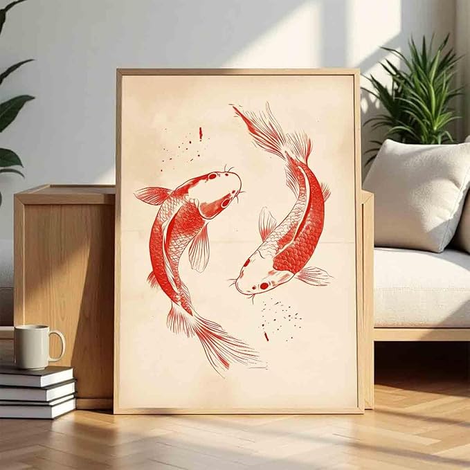 Red Koi Fish Wall Art Red Fish Painting Sea Animals Poster Vintage Animal Wall Art Neutral Beige Picture Japanese Koi Poster Chinese Canvas Oriental Aesthetic Modern Room Decor 16x24inch No Frame
