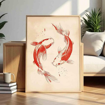 Red Koi Fish Wall Art Red Fish Painting Sea Animals Poster Vintage Animal Wall Art Neutral Beige Picture Japanese Koi Poster Chinese Canvas Oriental Aesthetic Modern Room Decor 16x24inch No Frame