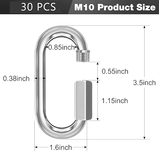 M10-30 Pack 3.5“ Quick Links Chain Connectors, 3/8″ Galvanized Chain Locking Hooks, 2000LBS Heavy Duty Thread Quick Link Clips, Twist Oval Keychain D Shape for Swing, Backpack, Key Ring