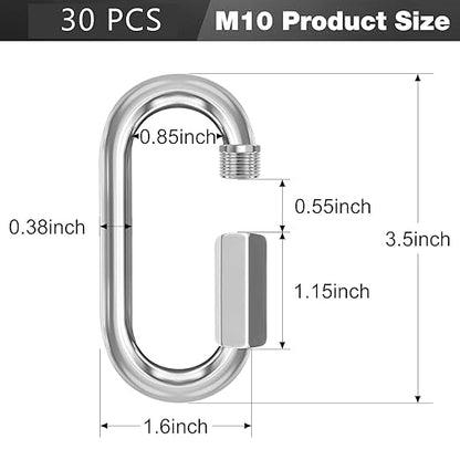 M10-30 Pack 3.5“ Quick Links Chain Connectors, 3/8″ Galvanized Chain Locking Hooks, 2000LBS Heavy Duty Thread Quick Link Clips, Twist Oval Keychain D Shape for Swing, Backpack, Key Ring