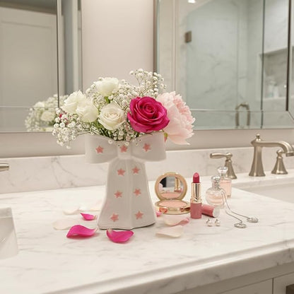 White Bow Vase, White and Pink Flower Vase for Home Decor, Ceramic Vases for Boho Style, Large Cute Vases for Ideal Shelf Decor/Table/Living Room. (Pink 3, Large)