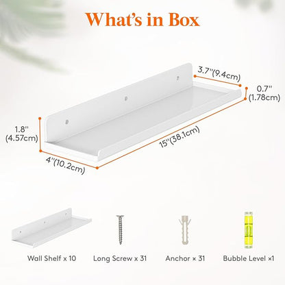 Lifewit Floating Shelves for Bathroom, 15" Acrylic Wall Organizer for Perfume, Makeup, Figures, Nail Polish, Photo, Book, Decor Display Rack for Nursery, Living Room, Bedroom, Kitchen, White, 10 Pack