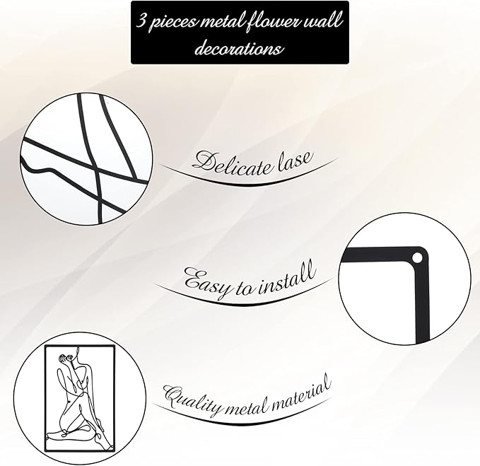 CHENGU 3 Pieces Metal Minimalist Abstract Woman Wall Art Line Drawing Wall Art Decor Single Line Female Home Hanging for Kitchen Bathroom Living Room