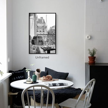 Black and White Photography Canvas Wall Art, Woman Reading Newspaper In Paris Hotel Aesthetic Poster, Retro Paris Tower Museum Photo Print, Luxury Fashion Breakfast Wall Decor 8x12in Unframed