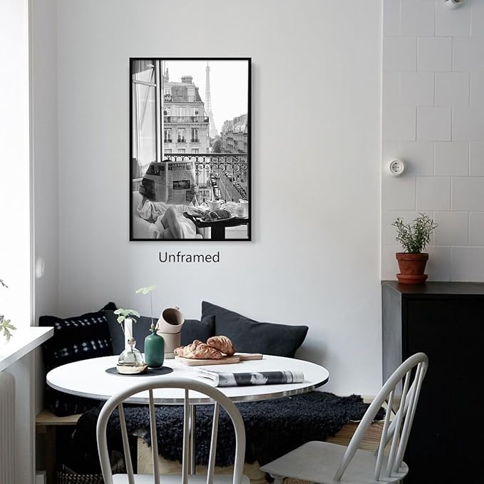 Black and White Photography Canvas Wall Art, Woman Reading Newspaper In Paris Hotel Aesthetic Poster, Retro Paris Tower Museum Photo Print, Luxury Fashion Breakfast Wall Decor 16x24in Unframed