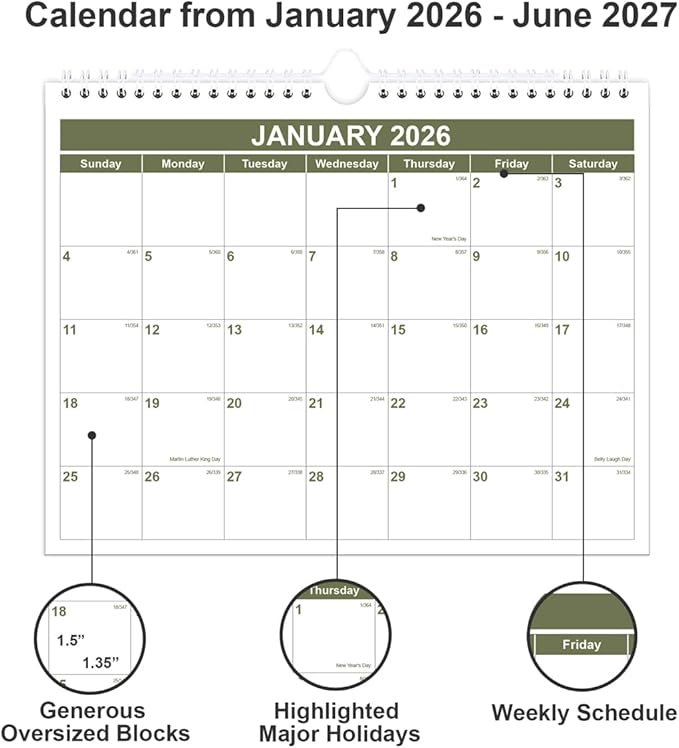 Calendar 2026-2027 - Wall Calendar 2026-2027 from January 2026 - June 2027, Spiral Binding Hanging Wall Calendar 2026 for Home/Office, 8.5" x 11", Green