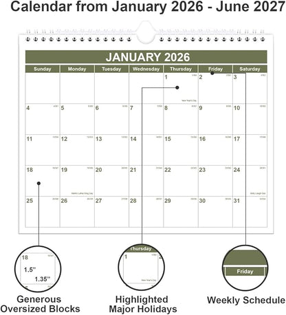 Calendar 2026-2027 - Wall Calendar 2026-2027 from January 2026 - June 2027, Spiral Binding Hanging Wall Calendar 2026 for Home/Office, 8.5" x 11", Green