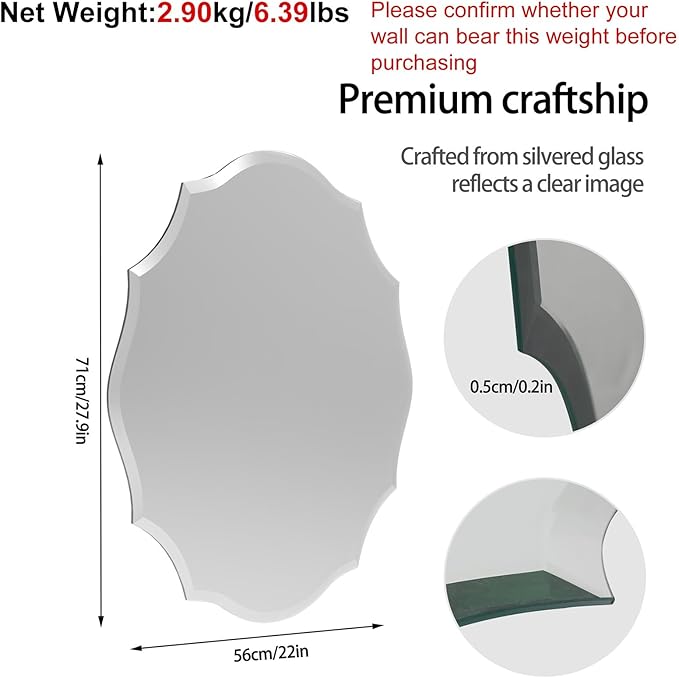Frameless Scalloped Wall Mirror: Decorative Scallop Oval Mirrored Glass Vanity with Beveled Silver Edge for Bathroom Bedroom Livingroom Dining Room Entryway Hallway, 28 x 22 inch