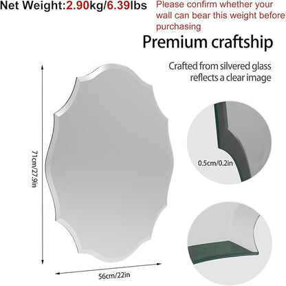 Frameless Scalloped Wall Mirror: Decorative Scallop Oval Mirrored Glass Vanity with Beveled Silver Edge for Bathroom Bedroom Livingroom Dining Room Entryway Hallway, 28 x 22 inch