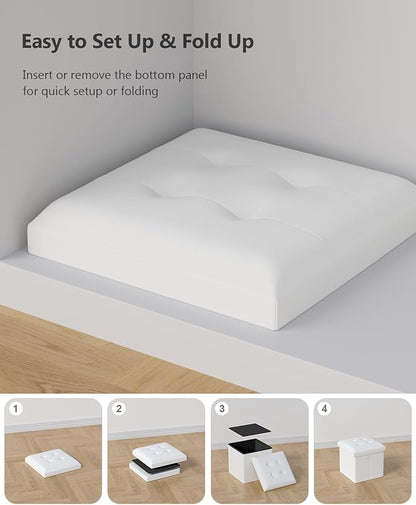 Folding Storage Ottoman Bench, Multi-Functional Ottoman Footrest, End of Bed Bench, Storage Chest for Living Room, Bedroom, Hallway, Entryway, Holds Up to 300 lbs (White, 15 Inches)