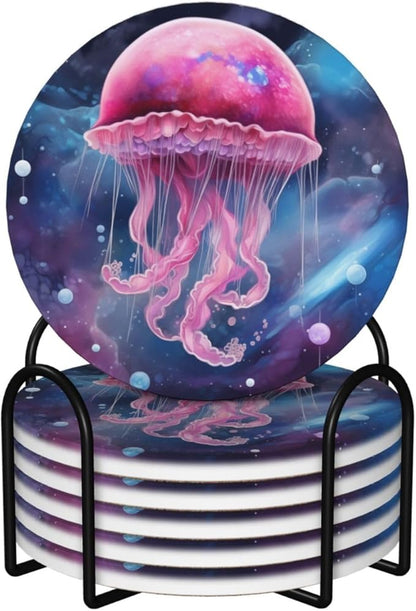 6 Pcs Ceramic Coasters with Holder Absorbent Drink Round Fantasy Galaxy Gellyfish Design for Home Table Coffee Cup Wine Beer Bar,Size 4.4 inches