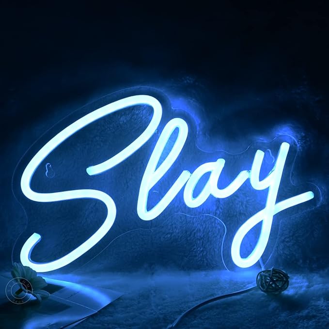 SYLHOME Slay Blue LED Neon Light Sign Cool Boys Girls Preppy Bedroom Game Play Room Desk Wall Decor Sign Club Pub Bar Man Cave Game Center Birthday Decoration USB Night Light 11.8" X 8"