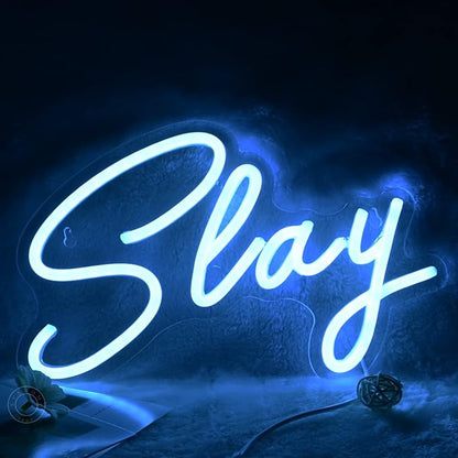 SYLHOME Slay Blue LED Neon Light Sign Cool Boys Girls Preppy Bedroom Game Play Room Desk Wall Decor Sign Club Pub Bar Man Cave Game Center Birthday Decoration USB Night Light 11.8" X 8"