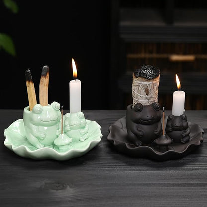 ChangWanna Multifunction 4 in 1 Frog Incense Holder, Palo Santo Holder, Sage Holder, Ceramic Incense Stick Holder for Burning - Cute Ash Catcher Tray for Yoga/Meditation/Home Room Office Decor, Black