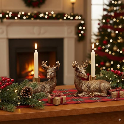 Gold Animal Candle Holders - Deer Set of 2 Vintage Rustic Pedestal Candlesticks,Holiday & Themed Decor, Easter Decorations, Centerpieces for Fireplace Mantle & Dining Table