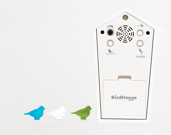 KOOKOO Birdhouse Mini White, Tiny Modern Cuckoo Clock with 12 Natural Bird Songs or Cuckoo Call