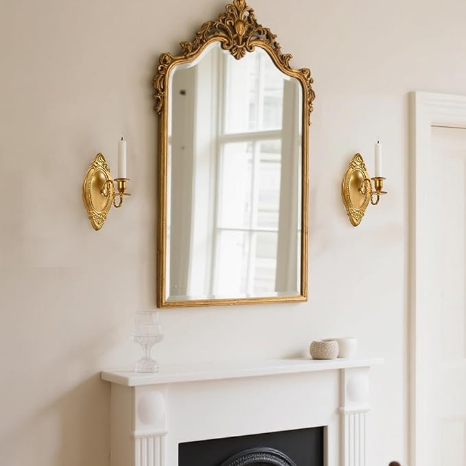 Gold Candle Sconces Set of Two, Brass Color Victorian Royal Wall Sconce, Metal Rustic Candle Holder Baroque Home Wall Decor for Living Room, Dining Room, Bedroom, Fireplace, Hallway, Window