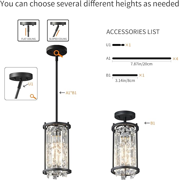 LMQNINE Modern Black Pendant Light Fixtures for Kitchen Island, Crystal Chandelier Lights Fixture, Adjustable Farmhouse Pendant Lighting for Dining Room Bedroom (Round 1-Light)