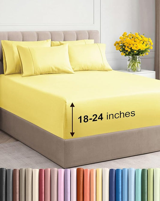 Extra Deep King Sheet Set - 6 Piece Breathable and Cooling Sheets - Hotel Luxury Bed Sheets Set - Easy & Secure Fit - Soft, Wrinkle Free and Comfy Sheets Set - Yellow Sheet Set with Extra Deep Pockets