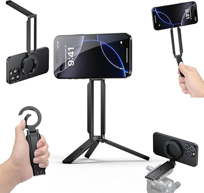 Magnetic Phone Tripod Stand Foldable Magnetic Mini Tripod Pocket Cell Phone Stand with Arca-Swiss, 1/4'' Screw Hole,Compatible with Magsafe for iPhone 17/16/15/14/13/12