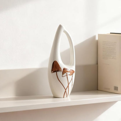 Unique Hand Painted Ceramic Mushroom Vase – Modern White Hollow Sculptural Vase – 8.7 Inch Tall Aesthetic Cottagecore Decor – Artisan Pottery for Flowers, Bookshelf, and Living Room Centerpiece