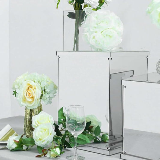 Efavormart Set of 5 Silver Mirror Finish Wedding Decor Ideas Clear Display Box for Centerpieces with Interchangeable Lid and Base