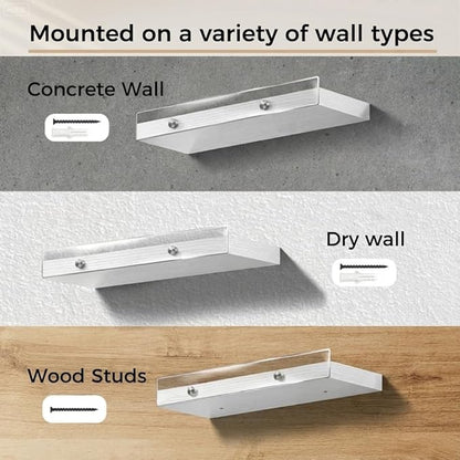 3 Pack Wooden Floating Shelves for Wall with Acrylic Front Lip, 15.7 IN Wall Mounted Rustic Style Shelves for Bathroom, Bedroom, Living Room, Kitchen, Hanging Shelves, White