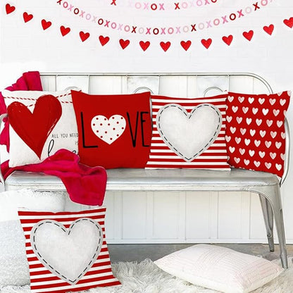 GEEORY Valentines Day Pillow Covers 18X18 inch Set of 4 for Valentines Decor Red White Stripes Dots Love Heart Valentines Day Throw Pillows Decorative Cushion Cases Valentine Decorations