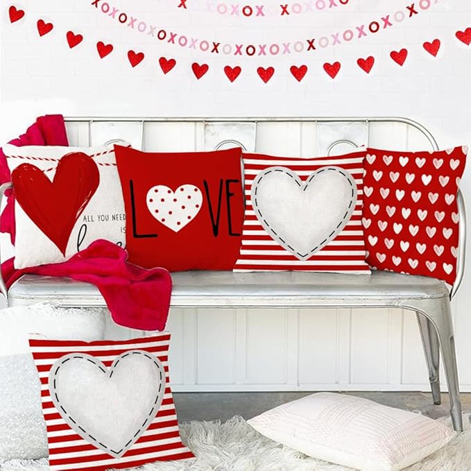 GEEORY Valentines Day Pillow Covers 16x16 inch Set of 4 for Valentines Decor Red White Stripes Dots Love Heart Valentines Day Throw Pillows Decorative Cushion Cases Valentine Decorations