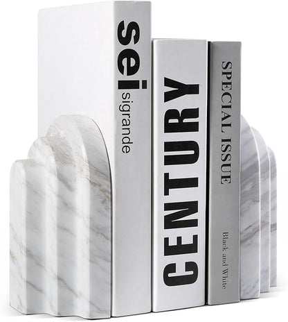 Natural Marble Book Ends - Heavy Duty Bookends for Shelves - Aesthetic Layered Arch Design Stone Book Holders, Modern Office Bookshelf Stopper Decor for Books/CDs (Volakas)