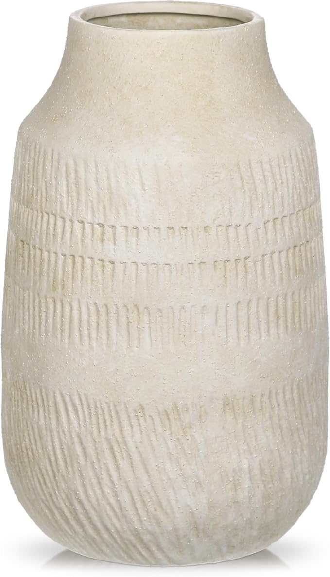 11" Rustic Ceramic Vase with Irregular Flutes Texture & Sand-Grain Surface, Antique Vase for Pampas & Vibrant Flowers, Warm-Toned Style, Beige White