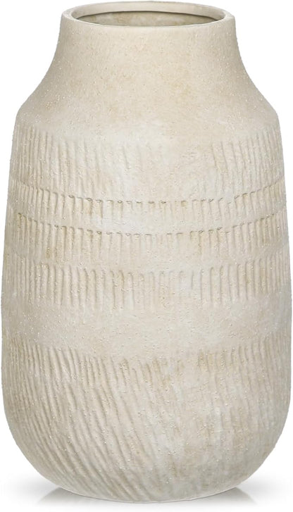 11" Rustic Ceramic Vase with Irregular Flutes Texture & Sand-Grain Surface, Antique Vase for Pampas & Vibrant Flowers, Warm-Toned Style, Beige White