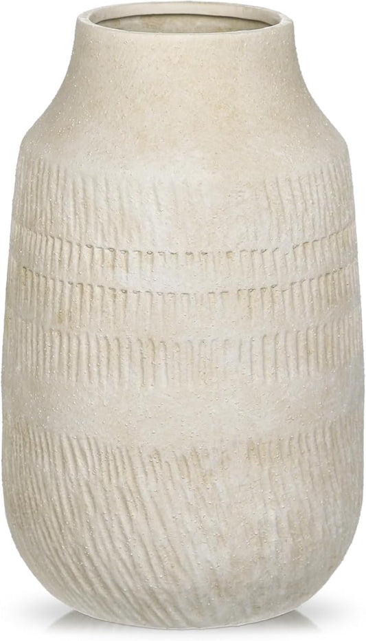 11" Rustic Ceramic Vase with Irregular Flutes Texture & Sand-Grain Surface, Antique Vase for Pampas & Vibrant Flowers, Warm-Toned Style, Beige White