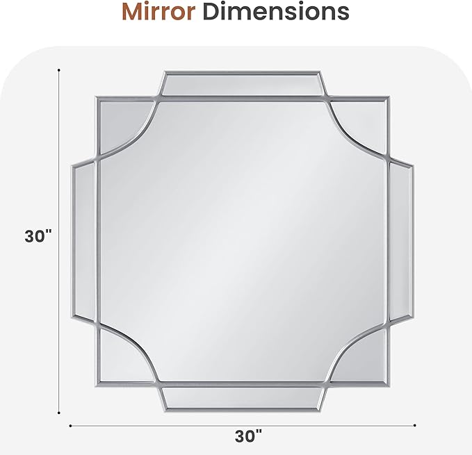 30"×30" Square Silver Wall Mirror, Decorative Geometric Accent Mirror with Wood Frame, Art Deco Style for Entryway, Living Room, Bathroom