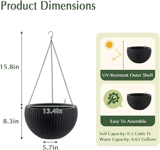 2Pack 13.5" High Hanging Planters for Outdoor/Indoor Plants, Self Watering Hanging Pot with Water Level Indicato, Drainage Holes and Chain for Garden Porch, Black