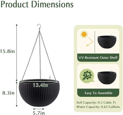 2Pack 13.5" High Hanging Planters for Outdoor/Indoor Plants, Self Watering Hanging Pot with Water Level Indicato, Drainage Holes and Chain for Garden Porch, Black