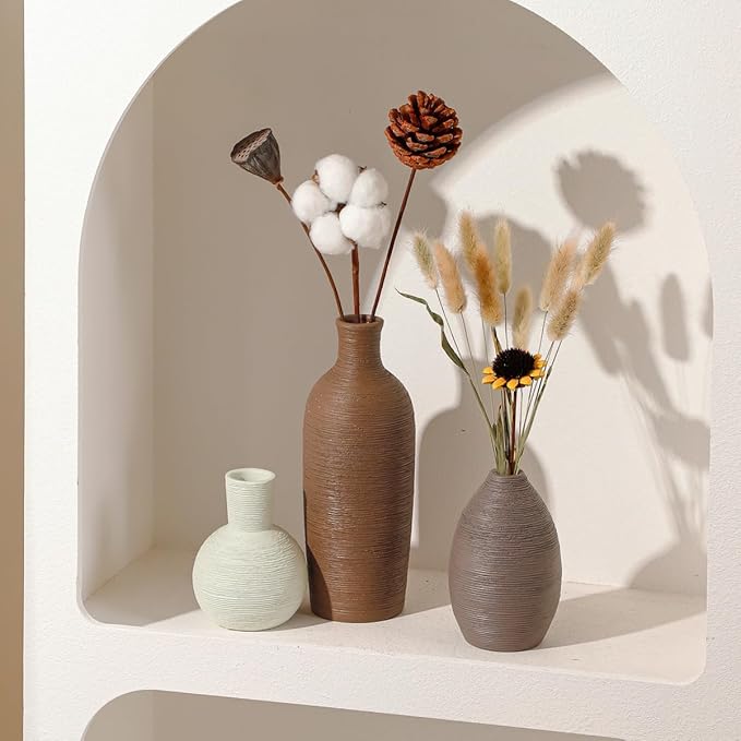 Ceramic Vases Set of 3 Home Decor Modern Rustic Farmhouse Pottery Decorative Flower Vases for Pampas Grass Dried Fresh Flowers, Living Room, Table Centerpiece, Shelf, Mantel (Multicolor Brown)