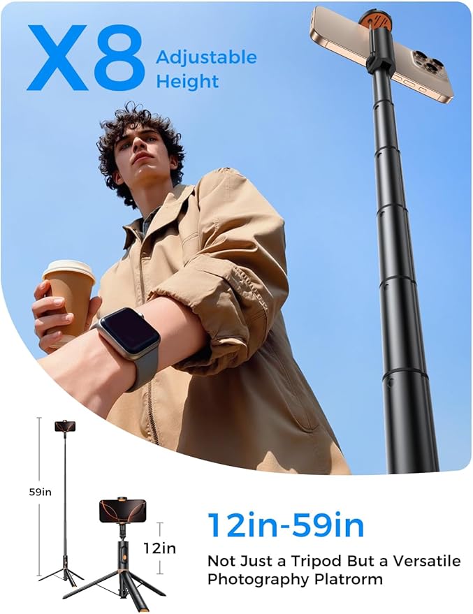 MAGIC JOHN 59" Automatic Pop-up Phone Tripod, Extendable Selfie Stick for iPhone, Selfie Stick Tripod with Detachable Remote, Flexible Rotation Travel Phone Stand Compatible with iPhone, Android