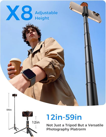MAGIC JOHN 59" Automatic Pop-up Phone Tripod, Extendable Selfie Stick for iPhone, Selfie Stick Tripod with Detachable Remote, Flexible Rotation Travel Phone Stand Compatible with iPhone, Android