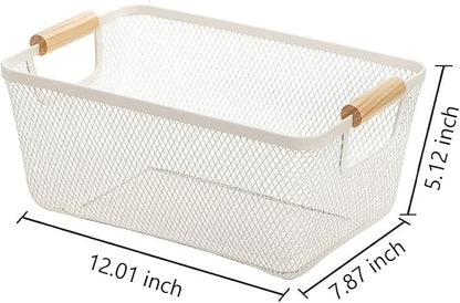 Metal Mesh Steel Basket, Medium Wire Storage Organizer Basket Multi-function Hanging Kitchen Basket with Wood Handle for Kitchen Bathroom Picnic Home, Rectangle-Off White