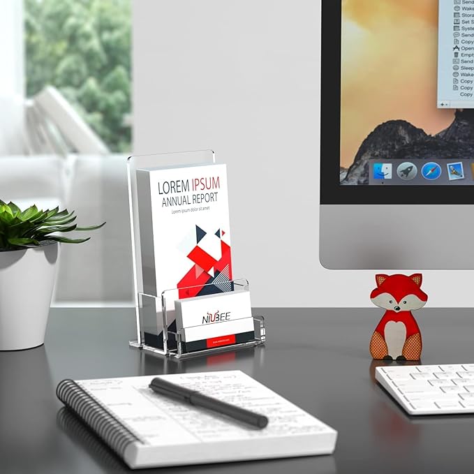 NIUBEE 6-Pack Acrylic Brochure Holder 4‘’ , Clear Brochure Display Stand with Acrylic Business Card Holder, Plastic Flyer Display Stand for Magazine, Pamphlet, Booklets, Menu, Journals, Business Card