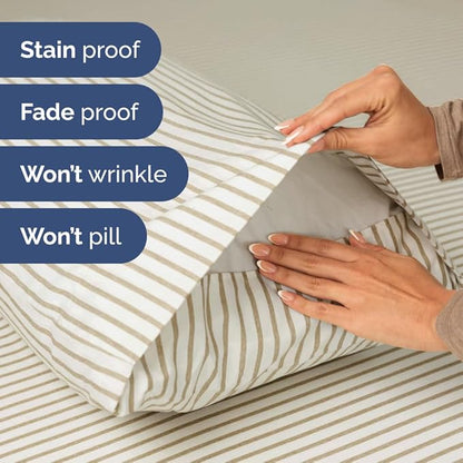 Extra Deep Cal King Sheet Set - 6 Piece Breathable & Cooling Sheets - Hotel Luxury Bed Sheets Set - Easy Fit - Soft, Wrinkle Free & Comfy Sheets Set - Beige Striped Sheet Set with Extra Deep Pockets