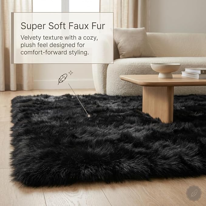 Super Area Rugs Ultra Soft & Fluffy Faux Sheepskin Rug, Black 6 x 9 Feet Carpet for Bedroom Living Room