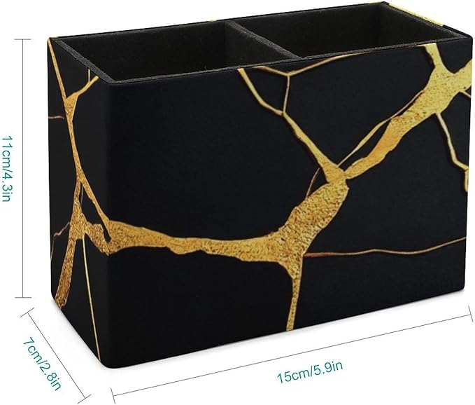 Large Desk Leather Pen Holder Table Pen Organizer Makeup Brush Storage Black Marble Gold Texture