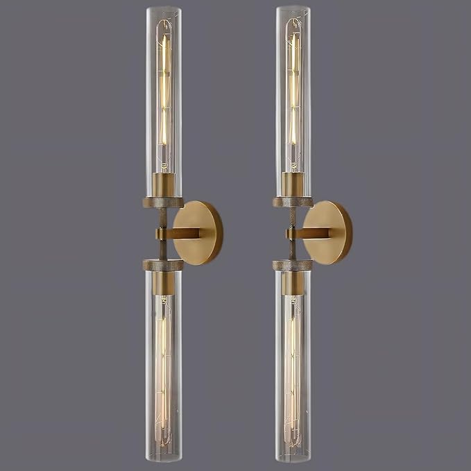 Brass Wall Sconces Set of 2, Bathroom Sconces Wall Lighting, Gold Sconces Wall Lighting with Clear Glass Wall Lamp,Wall Mount Lamps Wall Lights for Vanity Light Bedroom Living Room Hallway