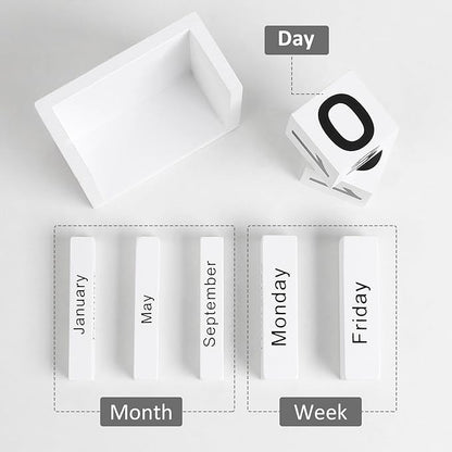 Wooden Block Calendar for Desk, Daily Desktop Perpetual Desk Calendar, Cute Date Display Blocks Desk Accessory for Home Office Decor, Teacher, Classroom, Reusable Yearly, White
